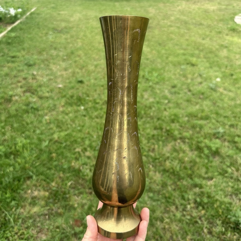 Vintage BRASS 12" Tall Fluted Floral Etched Genie Vase MCM Boho Commodore India